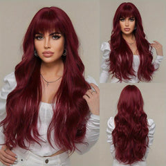 Wine Red Gradient Long Layer Wig with Bangs