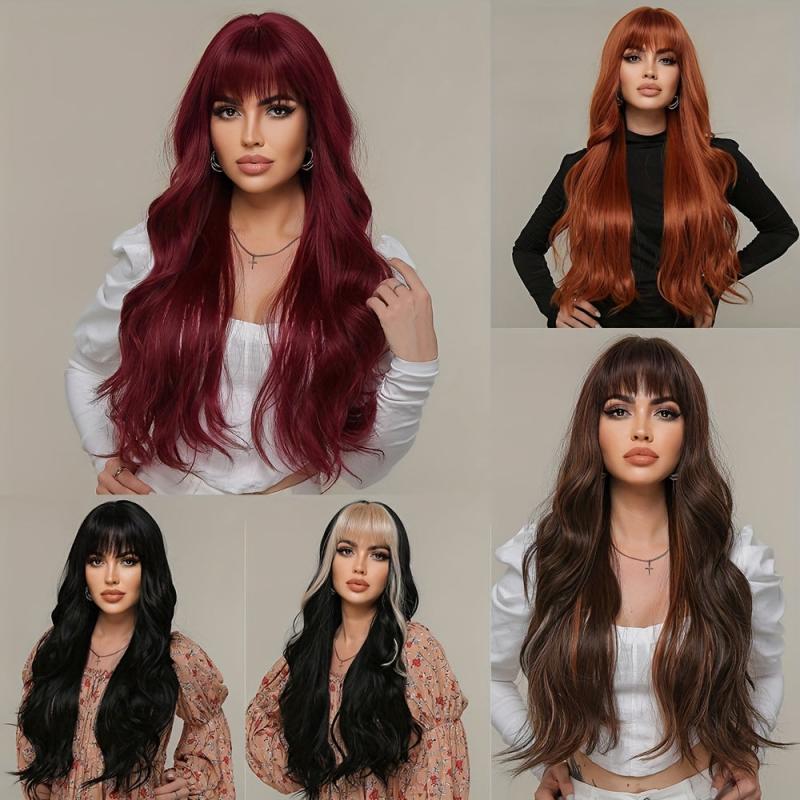Wine Red Gradient Long Layer Wig with Bangs