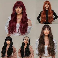 Wine Red Gradient Long Layer Wig with Bangs