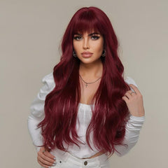 Wine Red Gradient Long Layer Wig with Bangs