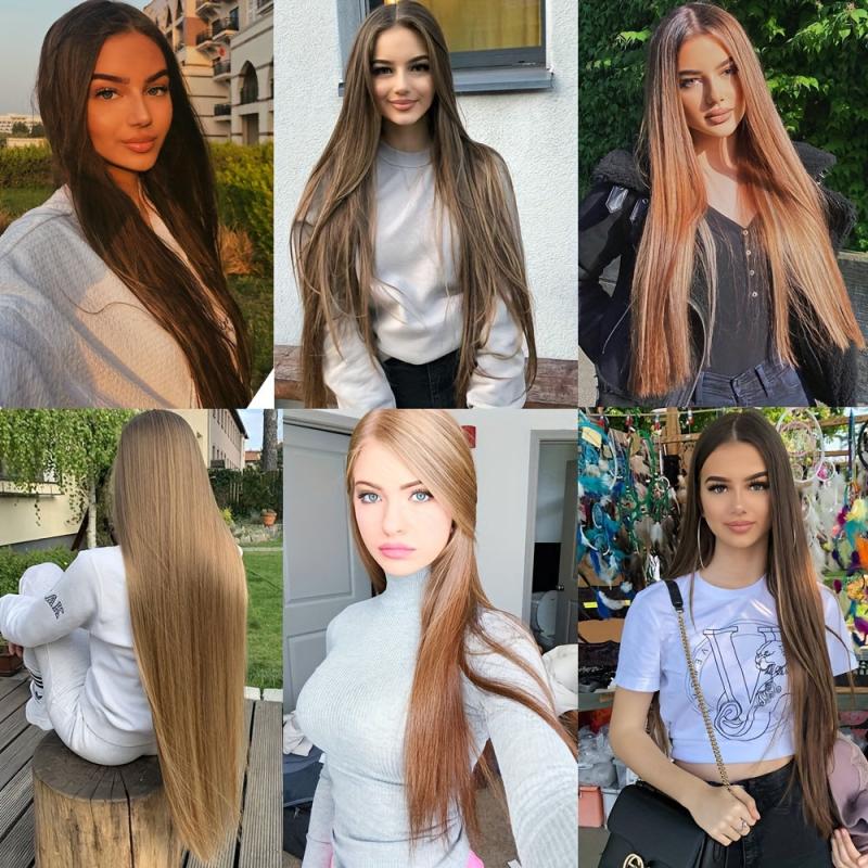 Long Straight Hair Pieces Synthetic Fishing Line Hair Extensions Natural Look