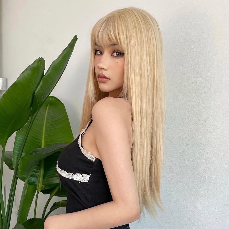60cm Long Blonde Wigs With Bangs Synthetic Hair for Cosplay or Party