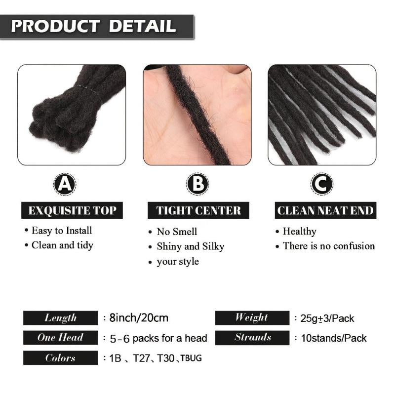 10 Pack 0 Thickness Human Hair Dreadlock Crochet Extensions For Men or Women