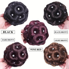 Nine Flowers Hair Bun With Bead Curly Chignon Hair Bun Clip-In Extensions