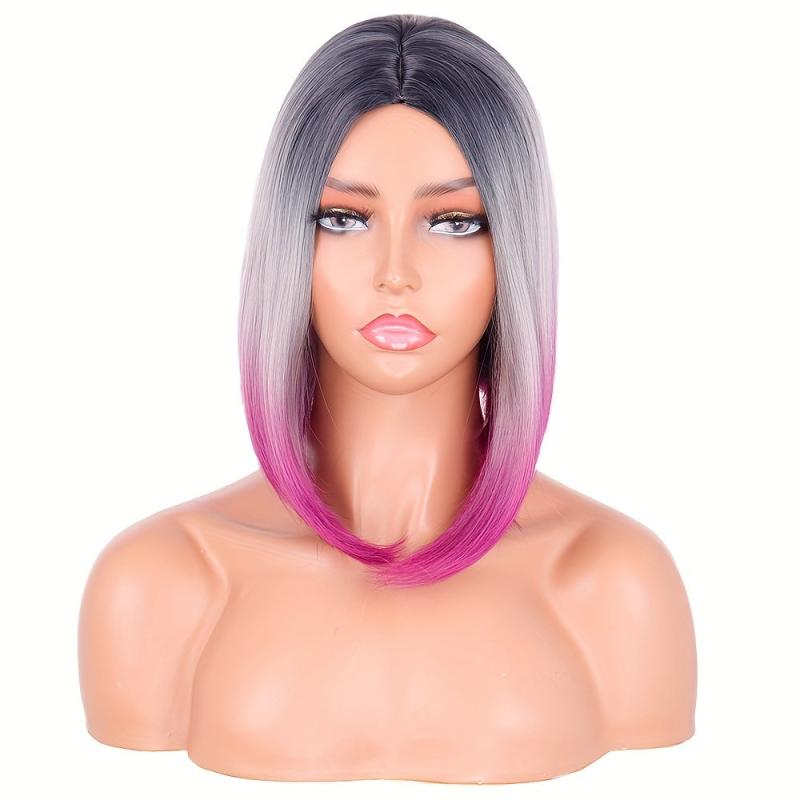 Colorful Short Straight Bob Wig with Curly Ends Ombre Synthetic Hair Replacement