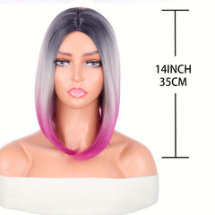 Colorful Short Straight Bob Wig with Curly Ends Ombre Synthetic Hair Replacement