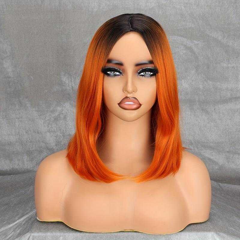 Colorful Short Straight Bob Wig with Curly Ends Ombre Synthetic Hair Replacement