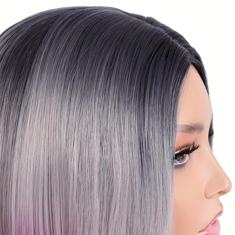 Colorful Short Straight Bob Wig with Curly Ends Ombre Synthetic Hair Replacement
