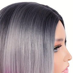 Colorful Short Straight Bob Wig with Curly Ends Ombre Synthetic Hair Replacement