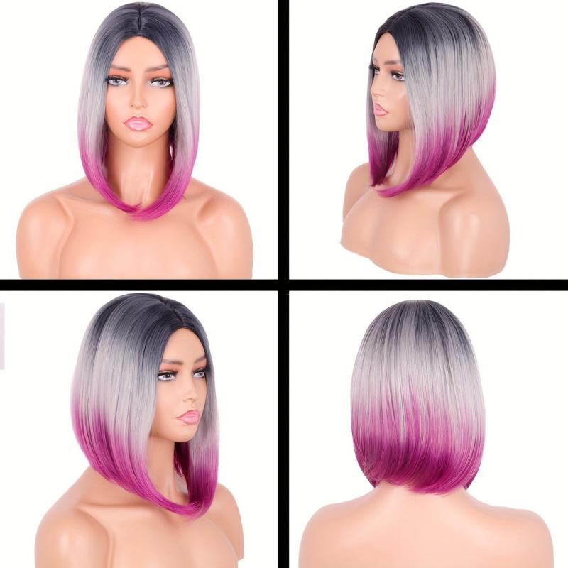 Colorful Short Straight Bob Wig with Curly Ends Ombre Synthetic Hair Replacement