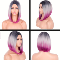 Colorful Short Straight Bob Wig with Curly Ends Ombre Synthetic Hair Replacement