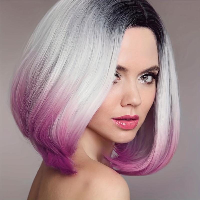 Colorful Short Straight Bob Wig with Curly Ends Ombre Synthetic Hair Replacement
