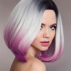 Colorful Short Straight Bob Wig with Curly Ends Ombre Synthetic Hair Replacement