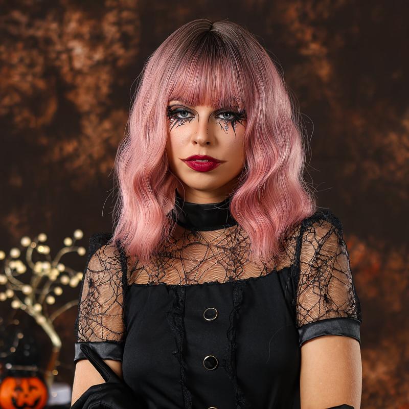 Natural Wavy Bob Short Hair Ombre Pink Wig for Holiday Party or Cosplay