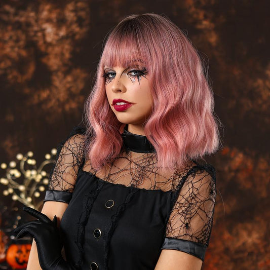 Natural Wavy Bob Short Hair Ombre Pink Wig for Holiday Party or Cosplay