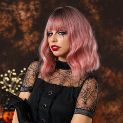 Natural Wavy Bob Short Hair Ombre Pink Wig for Holiday Party or Cosplay