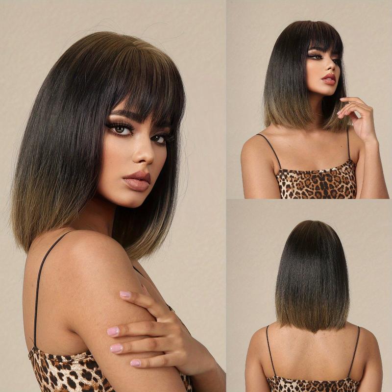 35 56 Cm Champagne Blonde Ombre Wig Brownish Roots Tail Synthetic Women's Wigs