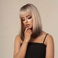 35 56 Cm Champagne Blonde Ombre Wig Brownish Roots Tail Synthetic Women's Wigs