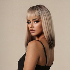 35 56 Cm Champagne Blonde Ombre Wig Brownish Roots Tail Synthetic Women's Wigs