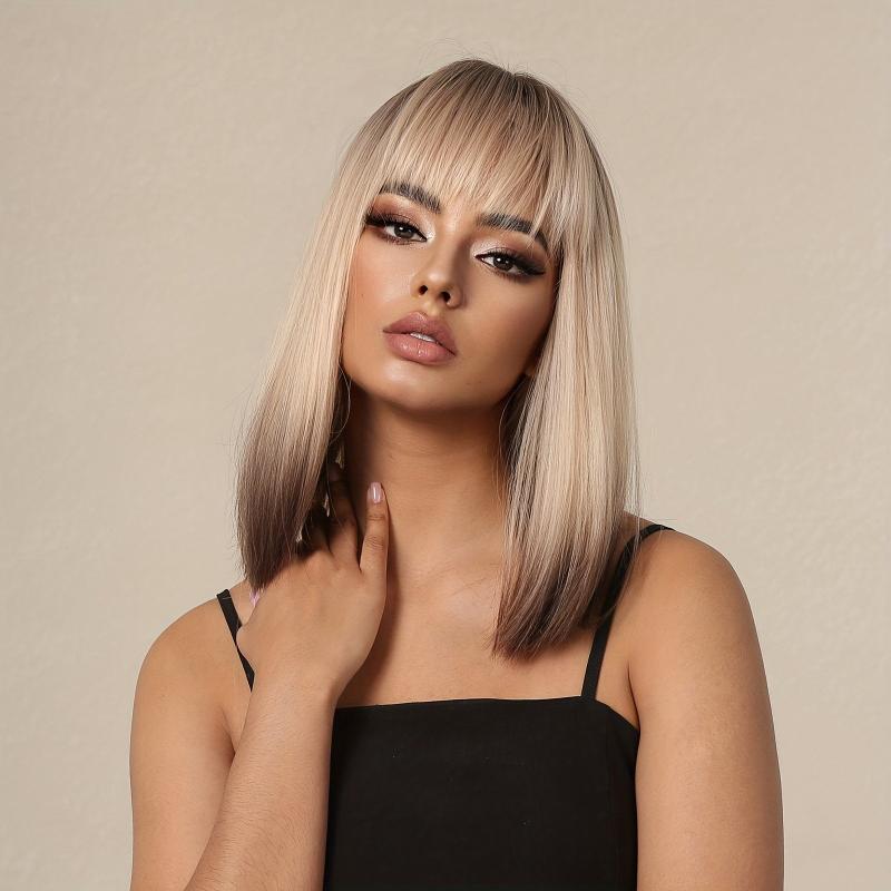 35 56 Cm Champagne Blonde Ombre Wig Brownish Roots Tail Synthetic Women's Wigs