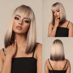 35 56 Cm Champagne Blonde Ombre Wig Brownish Roots Tail Synthetic Women's Wigs