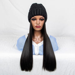 Long Straight Synthetic Wig with Beanie Hat for Women