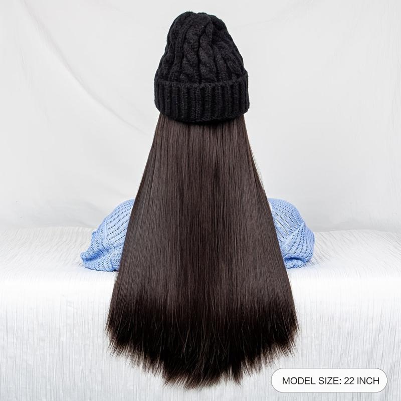 Long Straight Synthetic Wig with Beanie Hat for Women