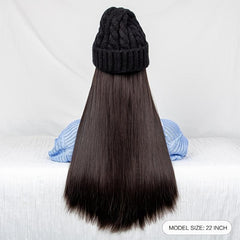 Long Straight Synthetic Wig with Beanie Hat for Women