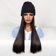 Long Straight Synthetic Wig with Beanie Hat for Women