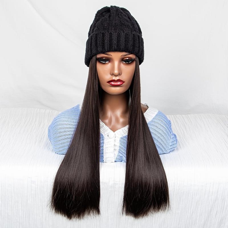 Long Straight Synthetic Wig with Beanie Hat for Women