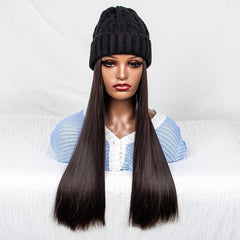 Long Straight Synthetic Wig with Beanie Hat for Women
