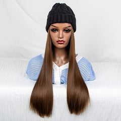 Long Straight Synthetic Wig with Beanie Hat for Women