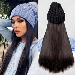 Long Straight Synthetic Wig with Beanie Hat for Women