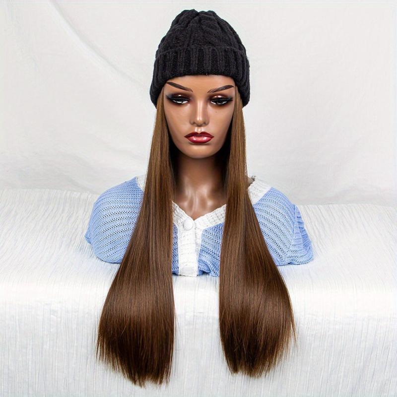 Long Straight Synthetic Wig with Beanie Hat for Women