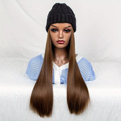 Long Straight Synthetic Wig with Beanie Hat for Women