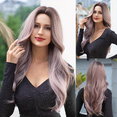 Pink Long Curly Wavy Hair Wigs 66cm Middle Part Synthetic Fiber Hair Replacement