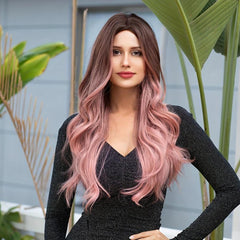 Pink Long Curly Wavy Hair Wigs 66cm Middle Part Synthetic Fiber Hair Replacement