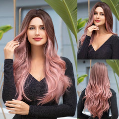 Pink Long Curly Wavy Hair Wigs 66cm Middle Part Synthetic Fiber Hair Replacement