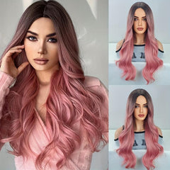 Pink Long Curly Wavy Hair Wigs 66cm Middle Part Synthetic Fiber Hair Replacement