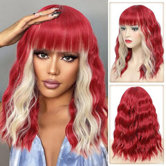 Red Bob Wig With Bangs Short Wavy Wig With Bangs Red And Highlight Bob Wig