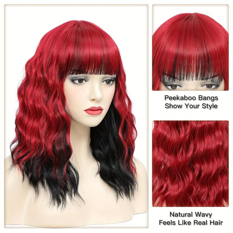 Red Bob Wig With Bangs Short Wavy Wig With Bangs Red And Highlight Bob Wig