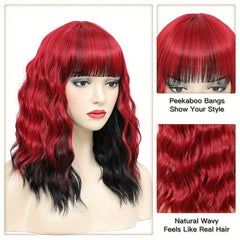 Red Bob Wig With Bangs Short Wavy Wig With Bangs Red And Highlight Bob Wig