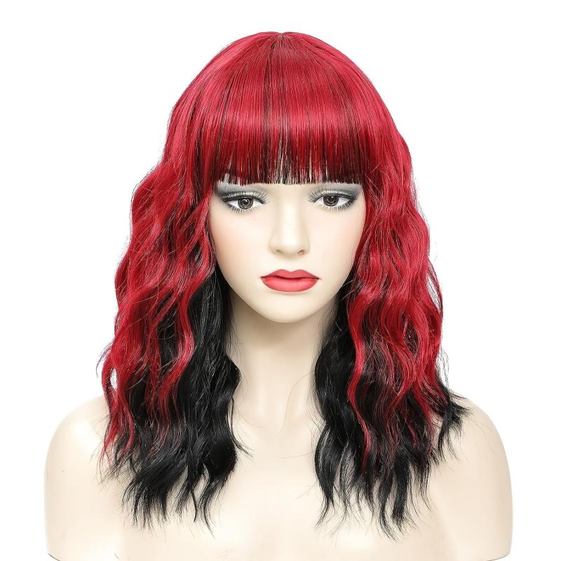 Red Bob Wig With Bangs Short Wavy Wig With Bangs Red And Highlight Bob Wig