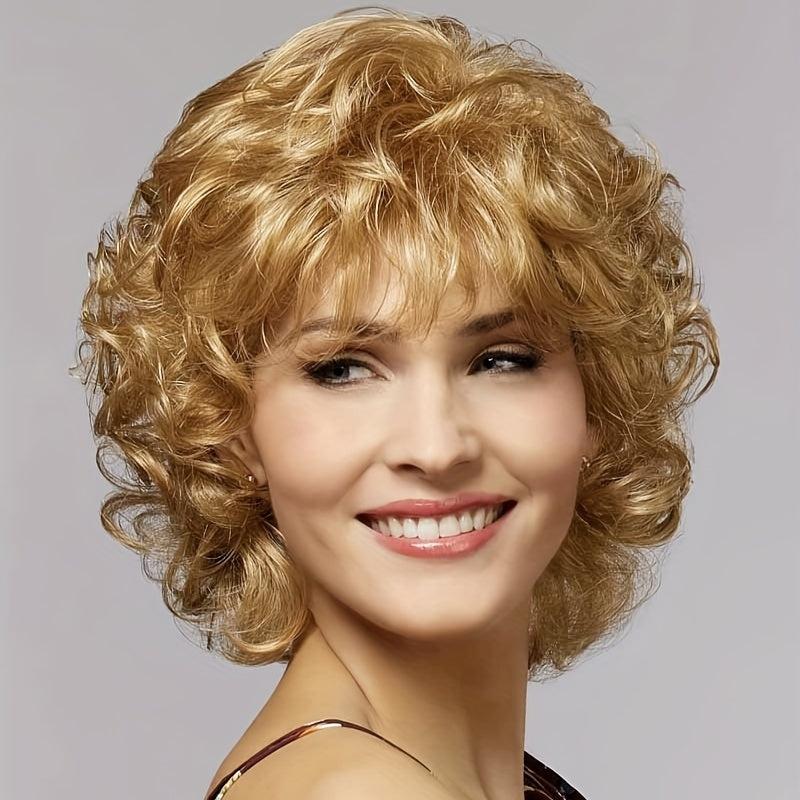25.4 cm Women Short Curly Wavy Wig with Bangs Synthetic Full Wig for Daily Wear