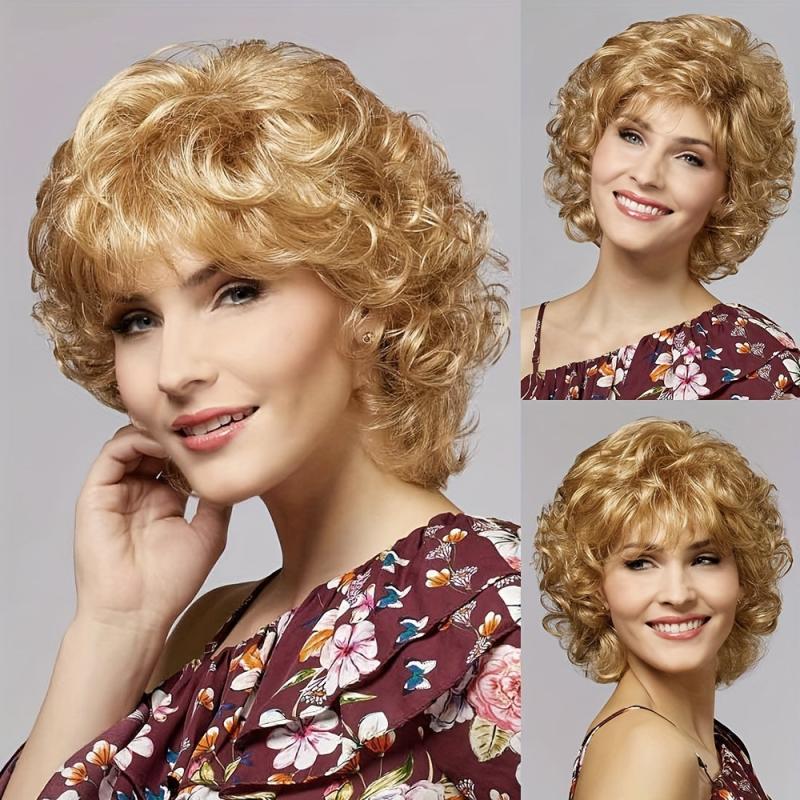 25.4 cm Women Short Curly Wavy Wig with Bangs Synthetic Full Wig for Daily Wear