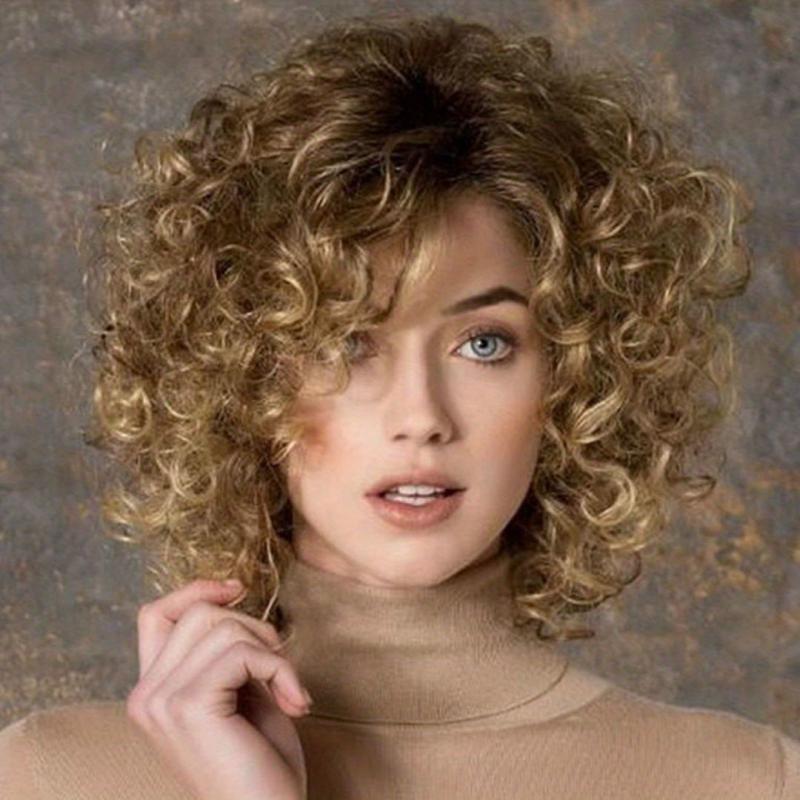 25.4 cm Women Short Curly Wavy Wig with Bangs Synthetic Full Wig for Daily Wear