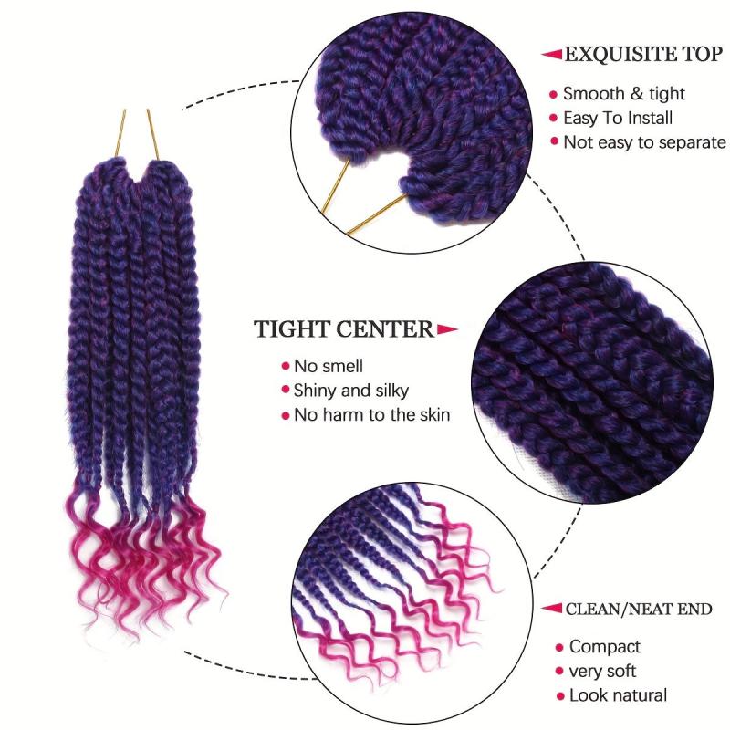 12pcs Ombre Purple Box Braid Hair Extensions Curly Ends 25.4cm Crochet Braids