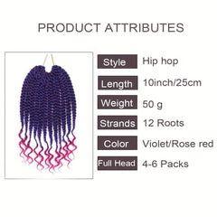 12pcs Ombre Purple Box Braid Hair Extensions Curly Ends 25.4cm Crochet Braids
