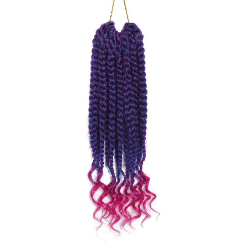 12pcs Ombre Purple Box Braid Hair Extensions Curly Ends 25.4cm Crochet Braids