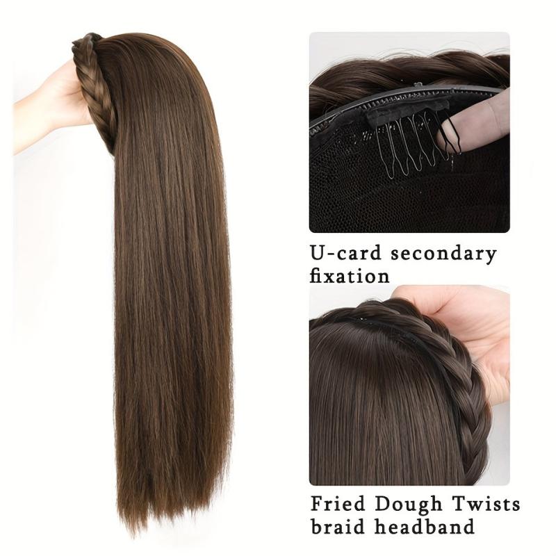 Long Wavy Headband Wig Brown Women's Twist Braid Hairband